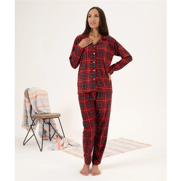 Estiva Kareli Desen Önden Düğmeli Süet Bayan Pijama Takım - Resim 2