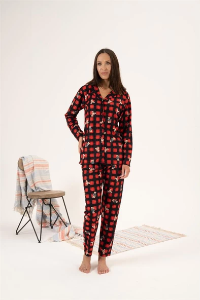 Estiva Kareli Desen Önden Düğmeli Süet Bayan Pijama Takım - 4