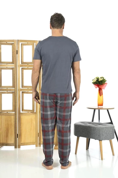Estiva Patlı Pamuklu Kısa Kol Ekose Kareli Erkek Pijama Takım - 12