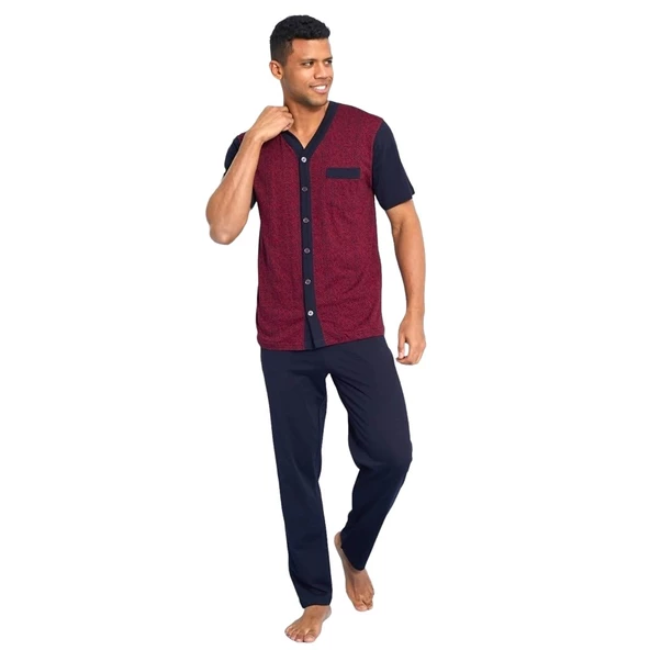 Kly Jakarlı Kısa Kol Önden Düğmeli Gömlek Erkek Pijama Takım - 2