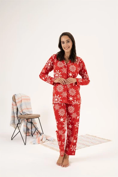 Estiva Kartanesi Desen Önden Düğmeli Süet Bayan Pijama Takım - 6