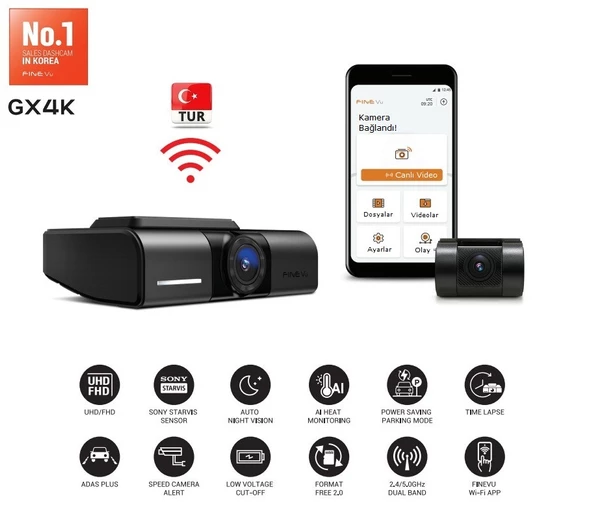 FINEVU GX4K Ultra HD 2ch Wi-Fi Türkçe 2 Kameralı Araç Kamerası - 3
