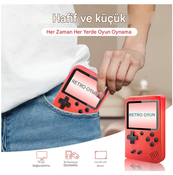 QASUL Retro Gameboy Oyun Konsolu Mini Atari 2 Oyunculu  Çocuklar, Yetişkinler için Hediye KIRMIZI - 4