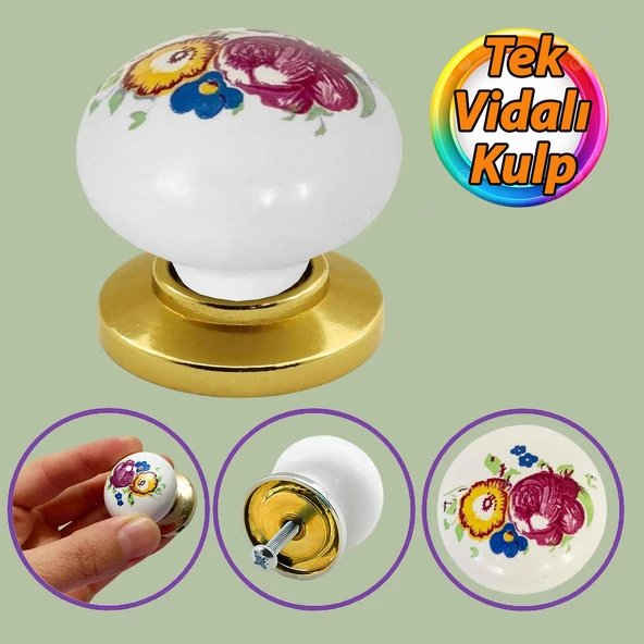 Menekşe Kulp Beyaz Polimer Düğme Kulp Altın Tablalı Mobilya Mutfak Dolabı Çekmece Kulbu Kulpları ürün görseli 1