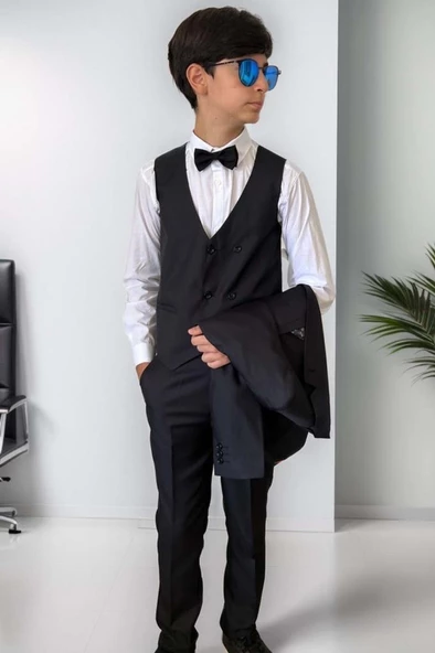 Erkek Çocuk Blazer Ceketli, Cepken Yelekli Siyah Takım Elbise 10-16 Yaş - 3