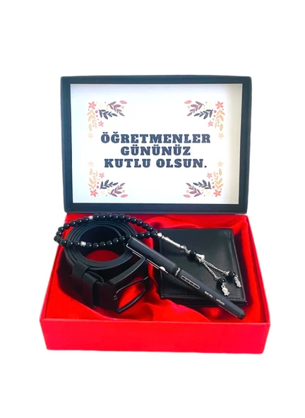 Öğretmenler Günü Hediye Seti Siyah Deri Kemer Cüzdan Tesbih Roller Kalem
