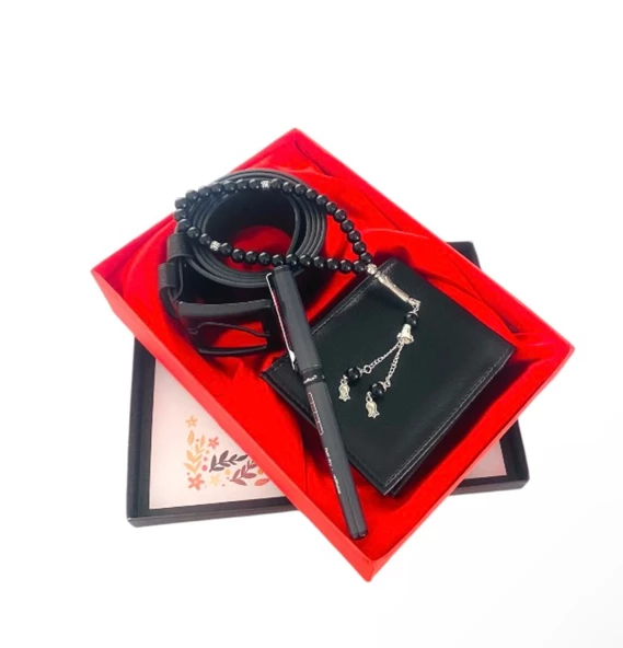 Öğretmenler Günü Hediye Seti Siyah Deri Kemer Cüzdan Tesbih Roller Kalem - 2