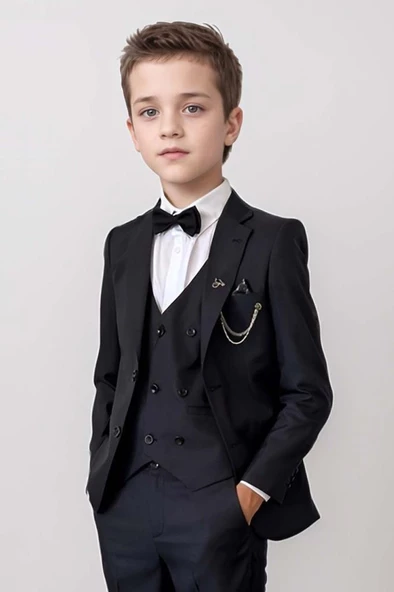 Erkek Çocuk Blazer Ceketli, Cepken Yelekli Siyah Takım Elbise 10-16 Yaş - 4