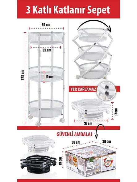 Cornella CR-1000 3 Katlı Katlanır Sebzelik / Meyvelik Beyaz - 7