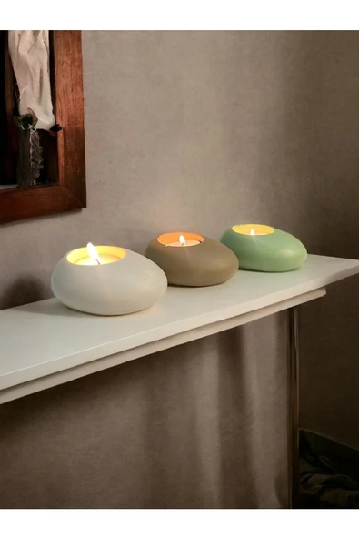 Three Drops Minimal Dekoratif Beton Tealight Mumluk 3'lü Set [ Alaçatı-Vizon-Mint Yeşili ]