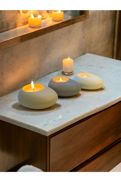 Three Drops Minimal Dekoratif Beton Tealight Mumluk 3'lü Set [ Alaçatı-Gri-Beyaz ] - 2