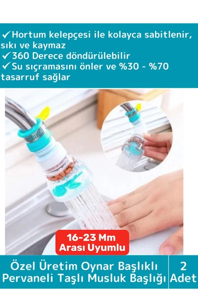 Özel Üretim 360 Derece Dönebilen Su Tasarruflu Oynar Başlıklı Pervaneli Taşlı Musluk Başlığı 2 Adet