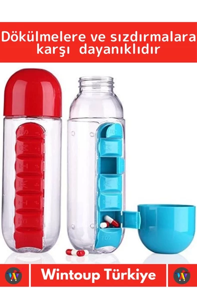 Premium Uzun Ömürlü %100 BPA Free Hap Bölmeli İlaç Kutusu Pillbox Su Matarası 600 Ml Suluk - 2
