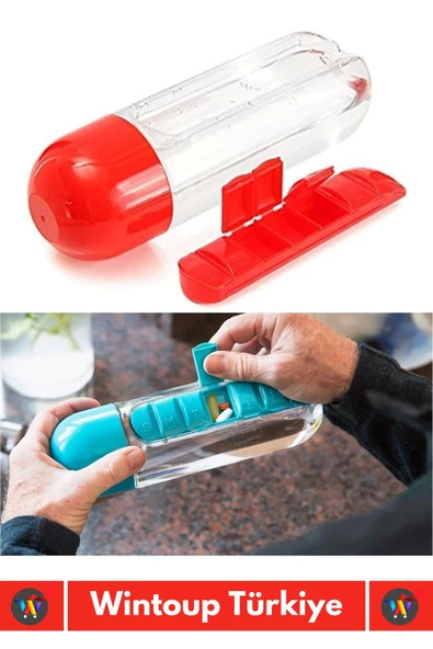 Premium Uzun Ömürlü %100 BPA Free Hap Bölmeli İlaç Kutusu Pillbox Su Matarası 600 Ml Suluk - 3