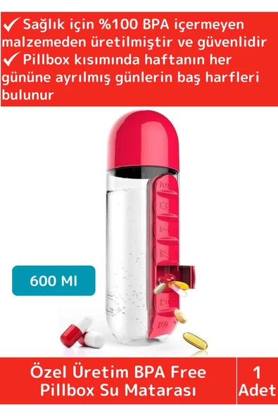 Premium Uzun Ömürlü %100 BPA Free Hap Bölmeli İlaç Kutusu Pillbox Su Matarası 600 Ml Suluk