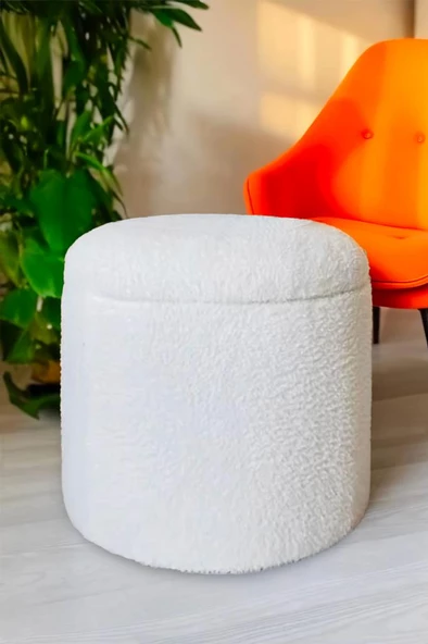 Teddy XL Puf - El Yapımı Pofuduk Beyaz Sandıklı Silindir Puf - Çok Amaçlı Dekoratif Bench - 3