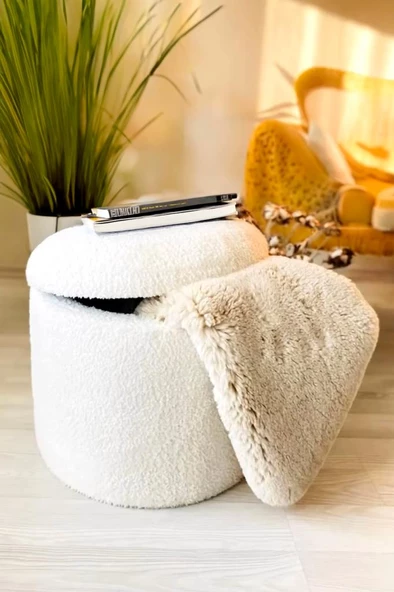 Teddy XL Puf - El Yapımı Pofuduk Beyaz Sandıklı Silindir Puf - Çok Amaçlı Dekoratif Bench