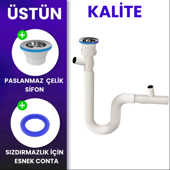 Çift Çamaşır ve Bulaşık  Makinesi için Körüklü Lavabo Sifonu(Çift Girişli) - 4