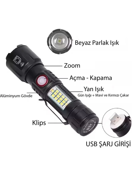 Ws-2828 Ultra Güçlü Usb Şarjlı El Feneri, Kırmızı Mavi Çakarlı Fener 1000 Lümen - Resim 3