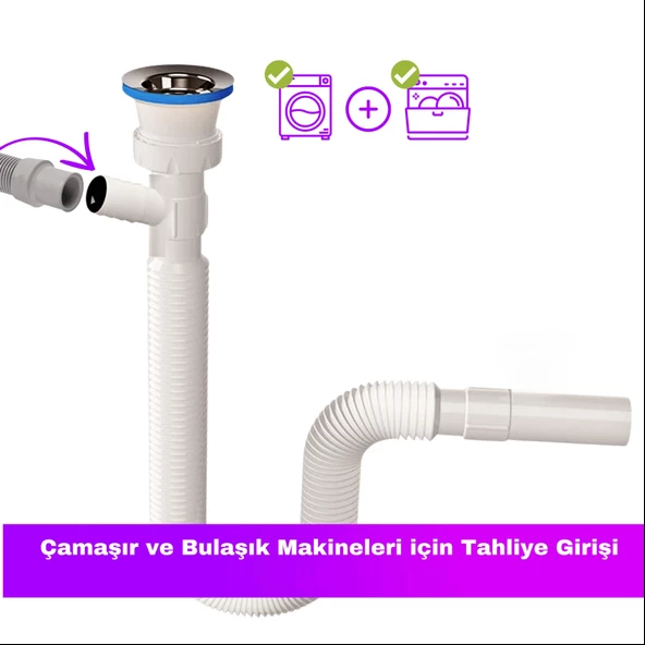 Güçlü Plastik Çamaşır Makinesi Girişli Körüklü Lavabo Sifonu - 4