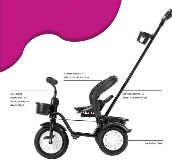 Moony Baby MB504 Trend Bike Ebeveyn Kontrollü 3 Tekerlekli Çocuk Bisikleti FUŞYA - 4