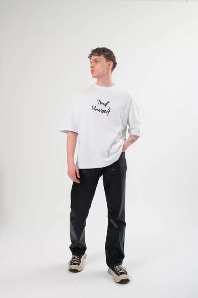 Unisex Bisiklet Yaka Baskılı Oversize T-Shirt - Beyaz