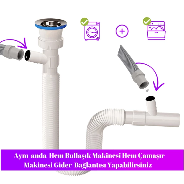 Çift Çamaşır ve Bulaşık  Makinesi için Körüklü Lavabo Sifonu(Çift Girişli) - 2