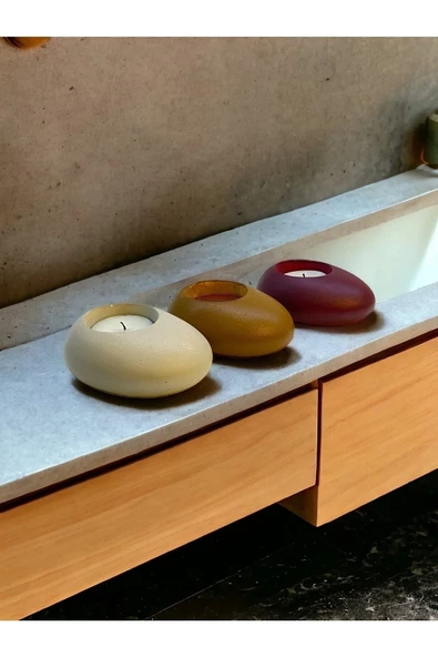 Three Drops Minimal Dekoratif Beton Tealight Mumluk 3'lü Set - 4