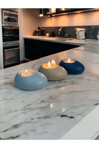 Minimal Dekoratif Beton Tealight Mumluk 3'lü Set | Baby Blue-Alaçatı-Mavi | - 4