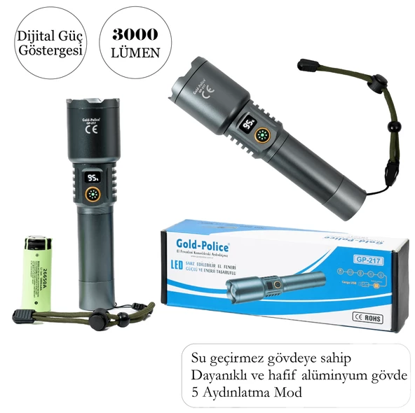 Gold Police GP-217 Uzun Menzilli Şarjlı El Feneri Dijital LED Şarj Göstergeli 3000 Lümen - 2