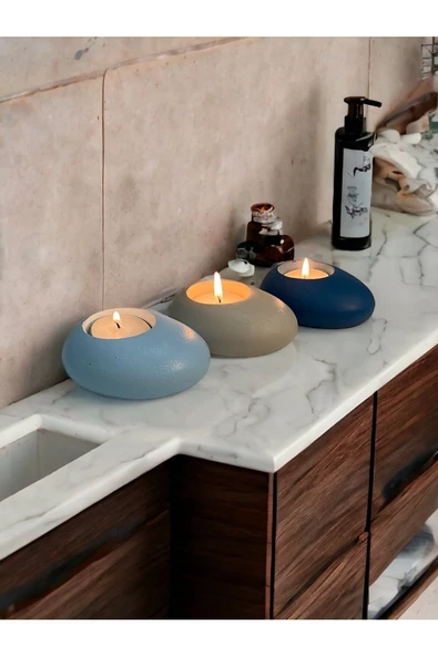 Minimal Dekoratif Beton Tealight Mumluk 3'lü Set | Baby Blue-Alaçatı-Mavi |