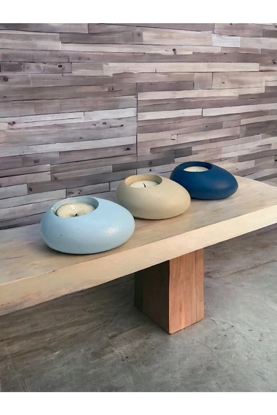 Minimal Dekoratif Beton Tealight Mumluk 3'lü Set | Baby Blue-Alaçatı-Mavi | - 3