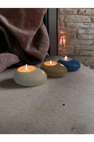 Three Drops Minimal Dekoratif Beton Tealight Mumluk 3'lü Set [ Alaçatı-Vizon-Mavi ] - 2