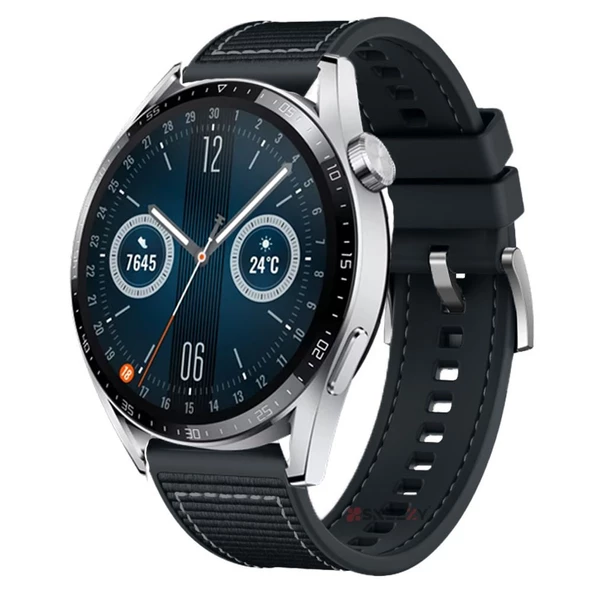 Huawei Watch GT2 Elite-Sport-Classic 46mm-GT2 Pro 22mm Uyumlu Dikiş Desenli Dokuma Silikon Kordon  Siyah