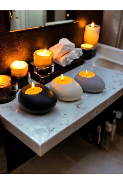 Three Drops Minimal Dekoratif Beton Tealight Mumluk 3'lü Set [ Siyah-Beyaz-Gri ] - 2