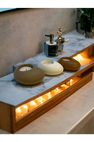 Three Drops Minimal Dekoratif Beton Tealight Mumluk 3'lü Set [ Vizon-Beyaz-Karamel ] - 2