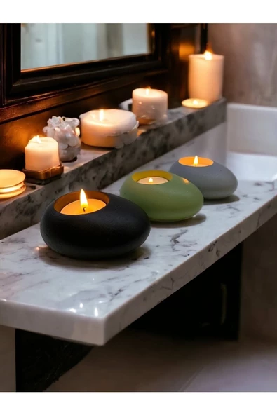 Three Drops Minimal Dekoratif Beton Tealight Mumluk 3'lü Set | Siyah-Mint Yeşil-Gri | - 2