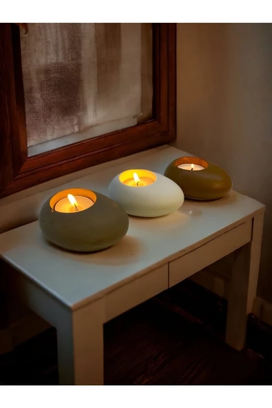 Three Drops Minimal Dekoratif Beton Tealight Mumluk 3'lü Set [ Vizon-Beyaz-Karamel ]