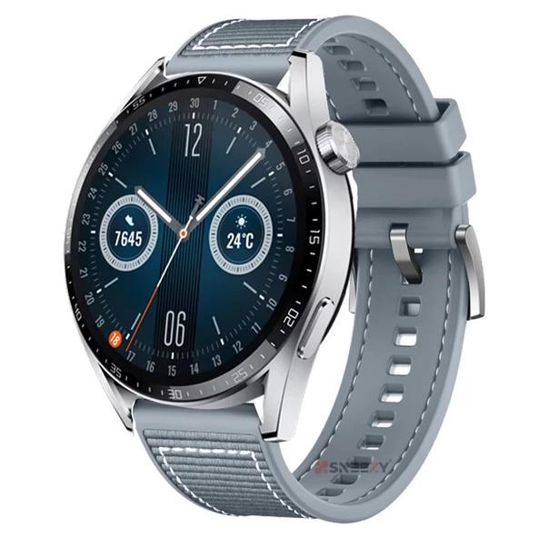 Huawei Watch GT2 Elite-Sport-Classic 46mm-GT2 Pro 22mm Uyumlu Dikiş Desenli Dokuma Silikon Kordon  Gri