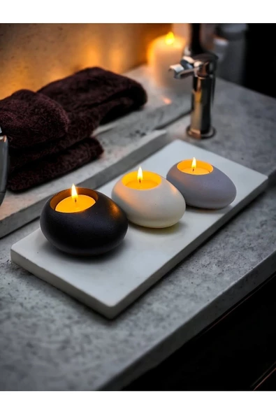 Three Drops Minimal Dekoratif Beton Tealight Mumluk 3'lü Set [ Siyah-Beyaz-Gri ]