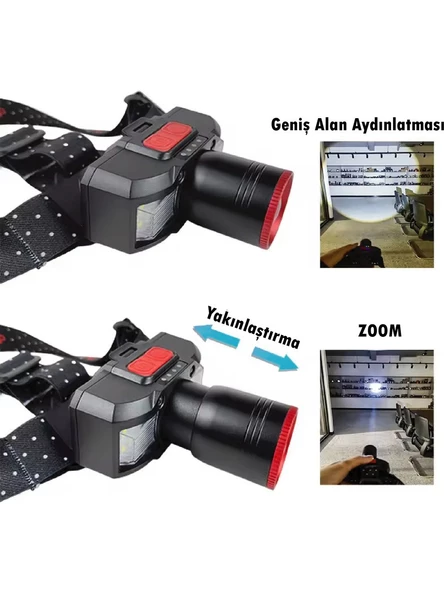 PS-2099 Hareket Sensörlü Şarjlı Kafa Lambası, Kırmızı Beyaz Işık LED 6 Mod Aydınlatma Zoom Kafa Feneri 1500 Lümen - 3