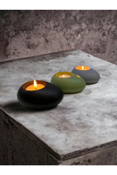 Three Drops Minimal Dekoratif Beton Tealight Mumluk 3'lü Set | Siyah-Mint Yeşil-Gri | - 4