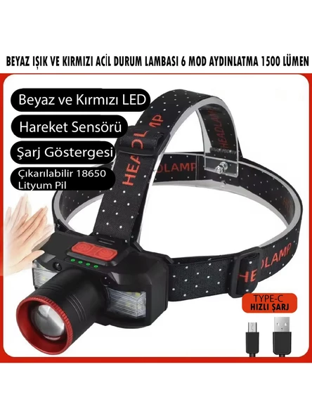 PS-2099 Hareket Sensörlü Şarjlı Kafa Lambası, Kırmızı Beyaz Işık LED 6 Mod Aydınlatma Zoom Kafa Feneri 1500 Lümen - 4