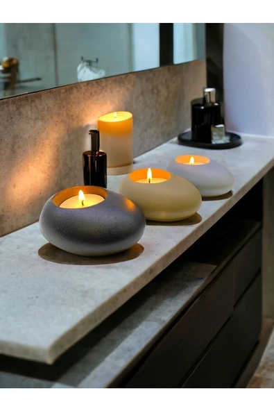 Three Drops Minimal Dekoratif Beton Tealight Mumluk 3'lü Set - 7