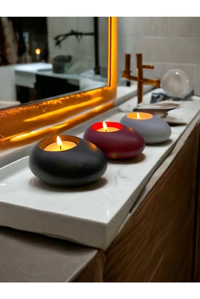 Three Drops Minimal Dekoratif Beton Tealight Mumluk 3'lü Set | Siyah-Bordo-Gri | - 3