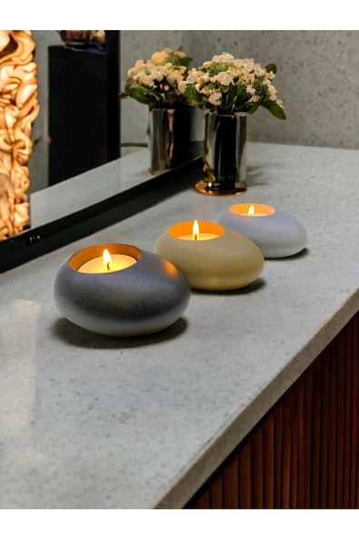 Three Drops Minimal Dekoratif Beton Tealight Mumluk 3'lü Set - 3