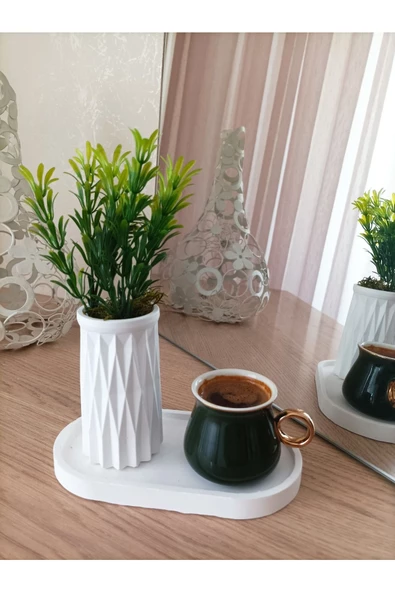 MİNİ DESENLİ BETON SAKSI TEKLİ VE OVAL TABAK - YAPAY ÇİÇEK HEDİYELİ - 10