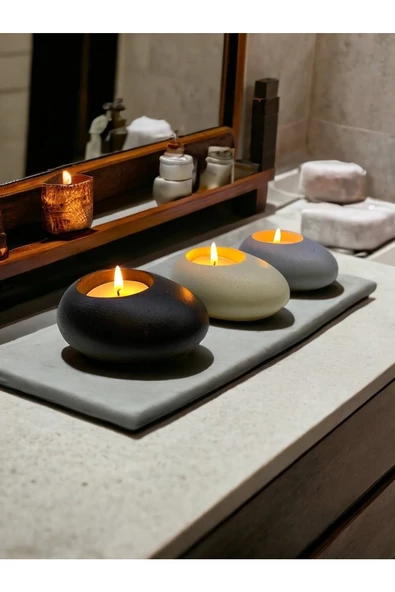 Three Drops Minimal Dekoratif Beton Tealight Mumluk 3'lü Set - 2