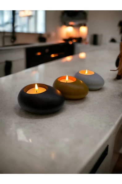 Three Drops Minimal Dekoratif Beton Tealight Mumluk 3'lü Set - 3