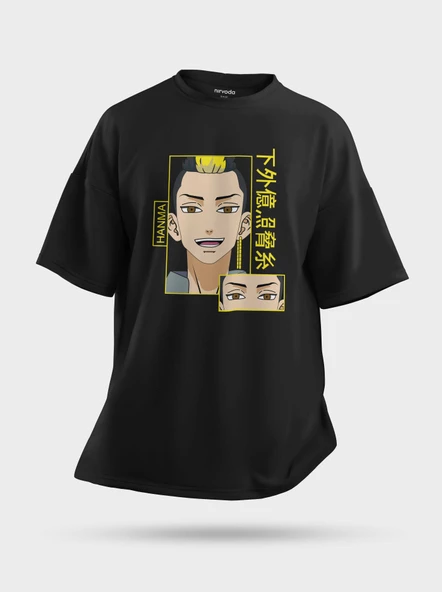 Oversize Hanma Tokyo Revengers Anime Baskılı Unisex Siyah Tişört